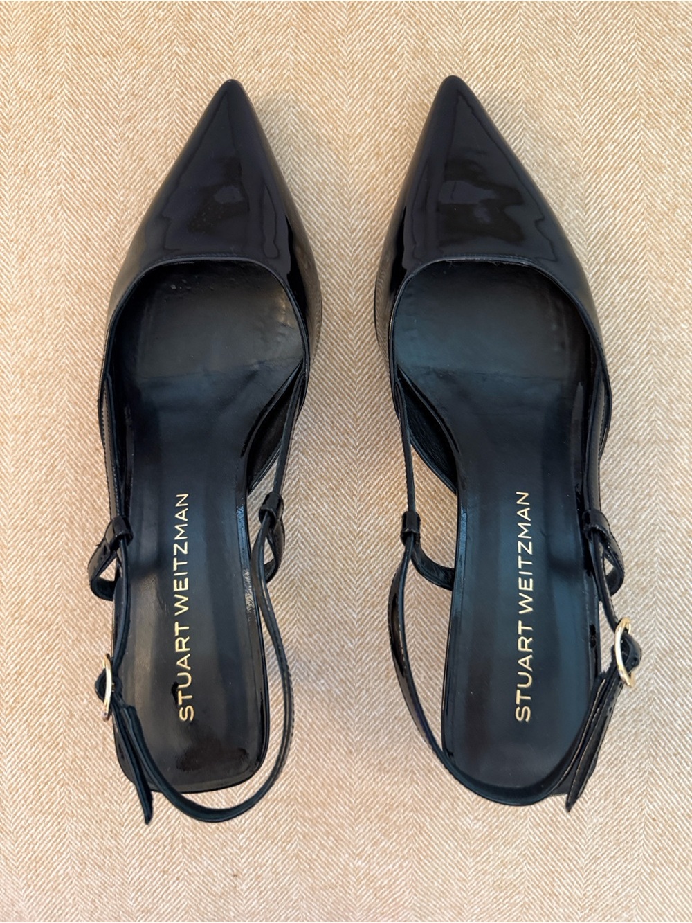 Stuart Weitzman Vinnie 50 Slingback Kitten Heels Black Patent Leather Size 9.5B
